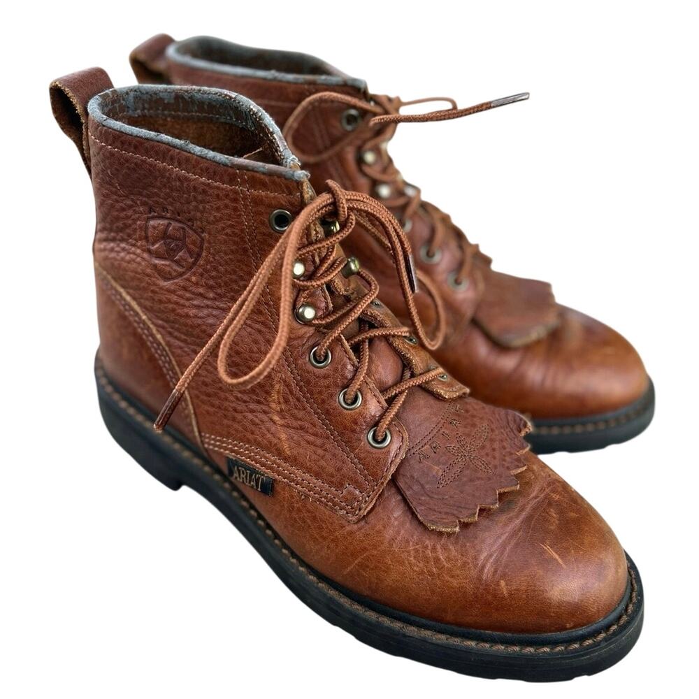 Vintage 90s Ariat Cascade Kiltie Lacer Brown Leather Boots Gorpcore Western Boho